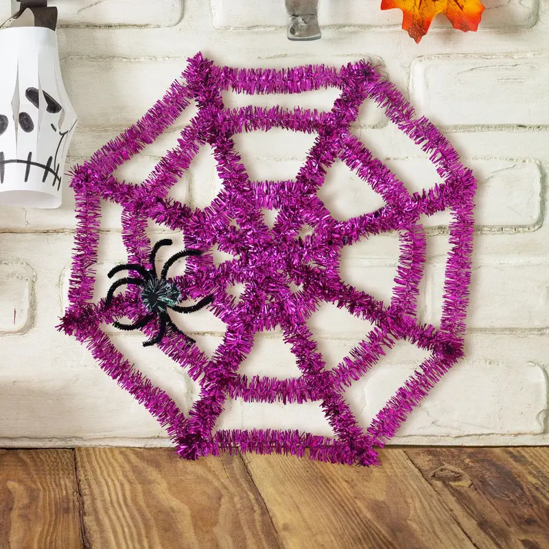 Adorno De Telaraña De Tinsel Color Morado Con Araña 2