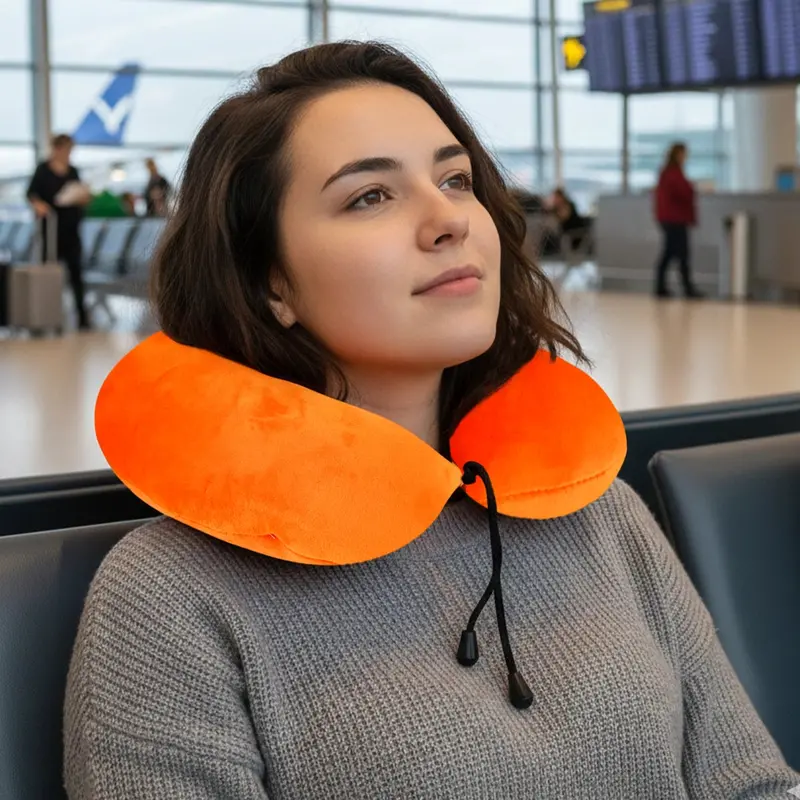 Almohada De Viaje Ergonómica, Color Naranja Con Detalles Negros 2