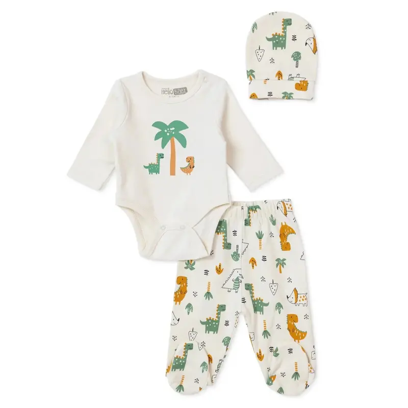 Baby Boy Bodysuit Footed Bottom & Hat Set Animal Print Snap Fastening Crew Neck Long Sleeve - Ecru 1