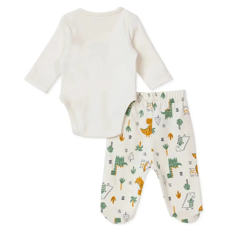 Baby Boy Bodysuit Footed Bottom & Hat Set Animal Print Snap Fastening Crew Neck Long Sleeve - Ecru 2