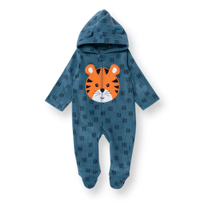 Baby Boy Fleece Footed Sleepsuit Animal Print Zip Fastening Hooded - Petrol Printed 1