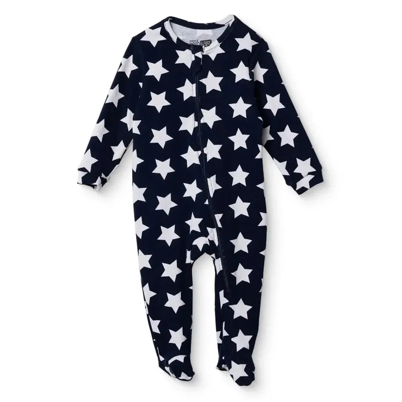 Baby Boy Footed Sleepsuit Star Print Zip Fastening Crew Neck - Navy Blue 1