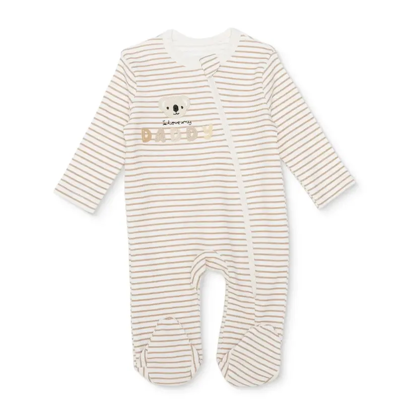 Baby Boy Footed Sleepsuit Striped Zip Fastening Crew Neck - Beige 1