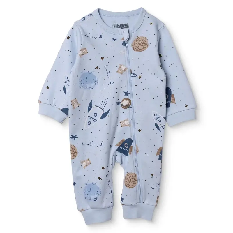 Baby Boy Footless Sleepsuit Galaxy Print Zip Fastening Crew Neck - Light Blue 1
