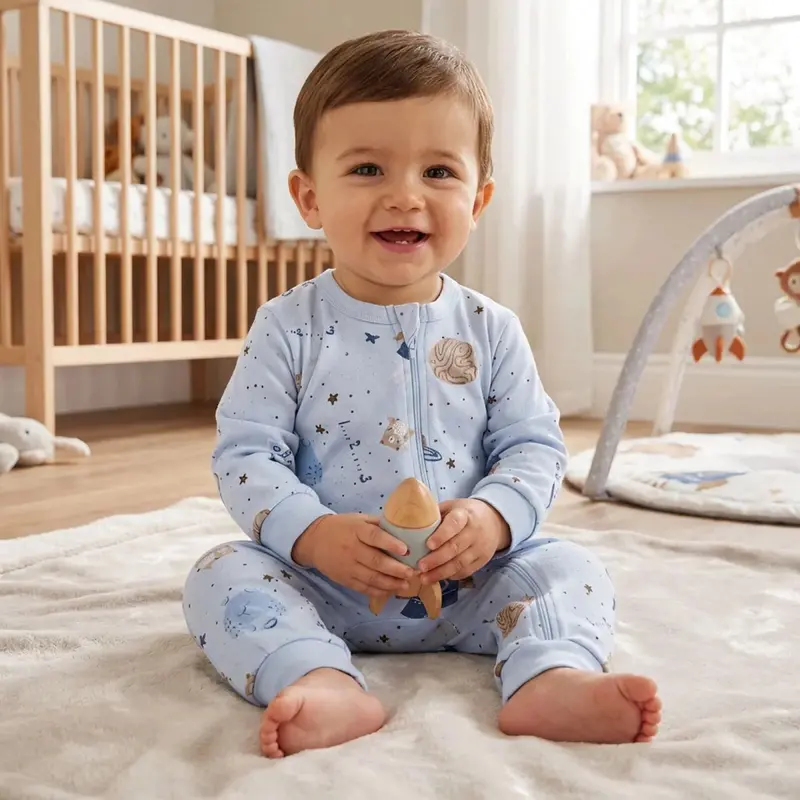 Baby Boy Footless Sleepsuit Galaxy Print Zip Fastening Crew Neck - Light Blue 2