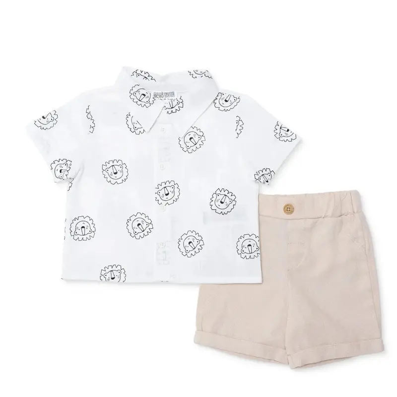 Baby Boy Shirt & Shorts Set Animal Print Buttoned Shirt Collar - Ecru Printed 1