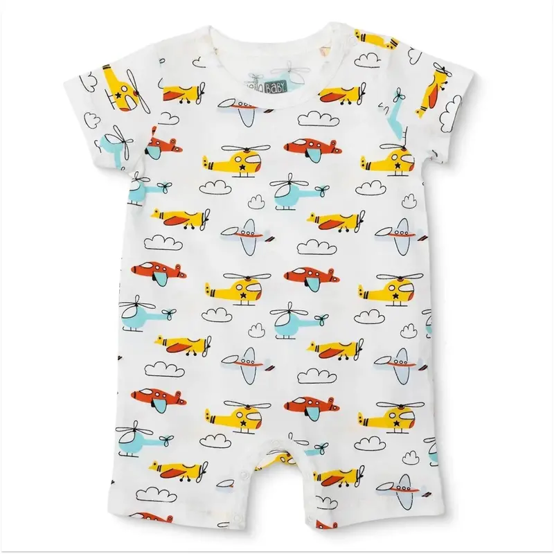 Baby Boy Short Romper Vehicle Print Snap Fastening Crew Neck Short Sleeve - White Printed 1