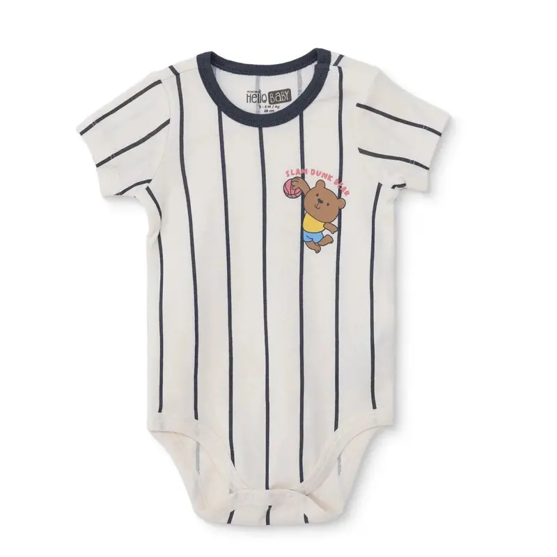 Baby Boy Short-Sleeve Bodysuit Striped Snap Fastening Popper Neck - Ecru 1