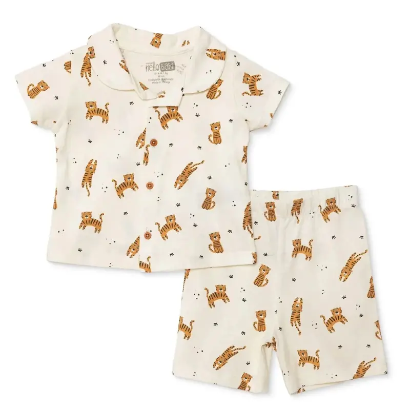 Baby Boy Short Sleeve Pyjamas Set Animal Print Buttoned Shirt Collar Short Sleeve - Ecru 1