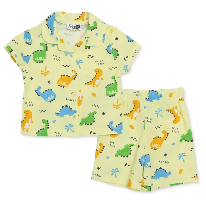 Baby Boy Short Sleeve Pyjamas Set Dinosaur Print Buttoned Shirt Collar - Green 1