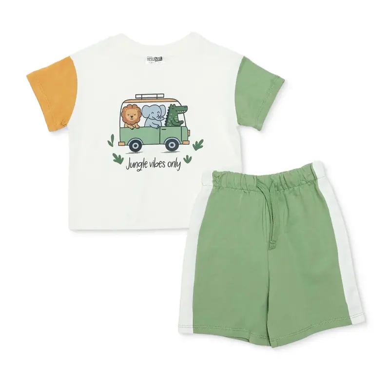 Baby Boy T-Shirt & Shorts Set Animal Print Lace-Up Crew Neck - Ecru 1