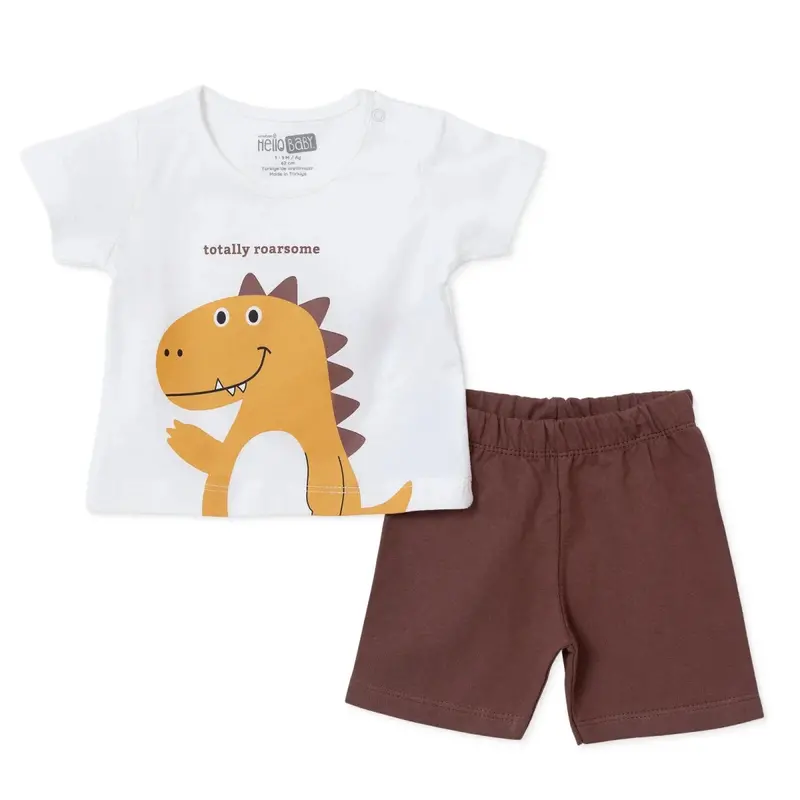 Baby Boy T-Shirt & Shorts Set Dinosaur Print Snap Fastening Crew Neck - Dark Brown 1