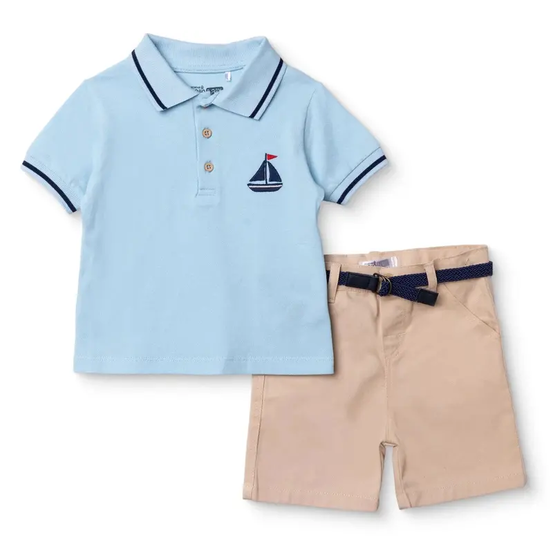 Baby Boy T-Shirt & Shorts Set Nautical Print Buttoned Polo Collar - Blue 1