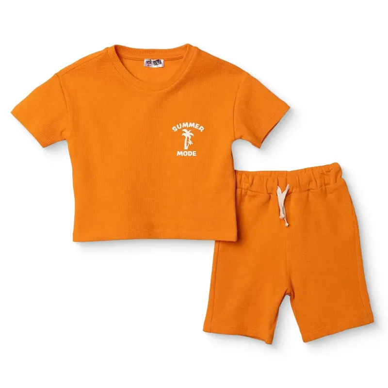 Baby Boy T-Shirt & Shorts Set Palm Print Lace-Up Crew Neck - Orange 1