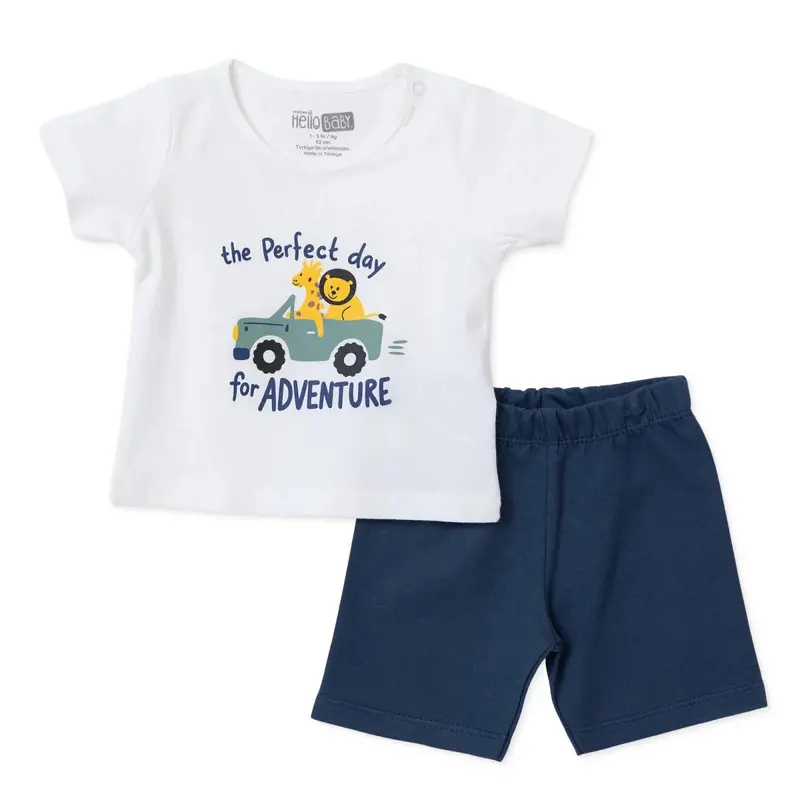 Baby Boy T-Shirt & Shorts Set Safari Print Snap Fastening Crew Neck - Navy Blue 1