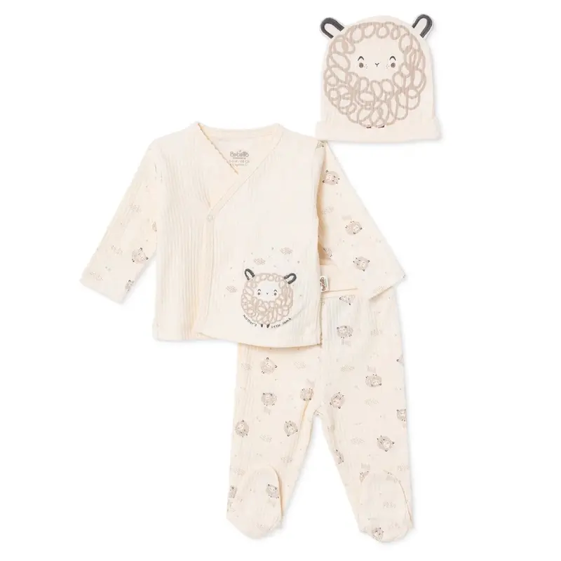 Baby Boy Vest Hat & Footed Bottom Set Animal Print Snap Fastening Crew Neck - Ecru 1