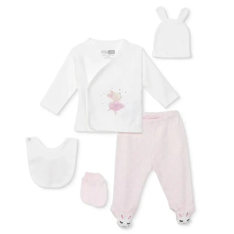 Baby Girl 5-Piece Newborn Hospital Set Animal Print Snap Fastening Envelope Neck Long Sleeve - Ecru 1