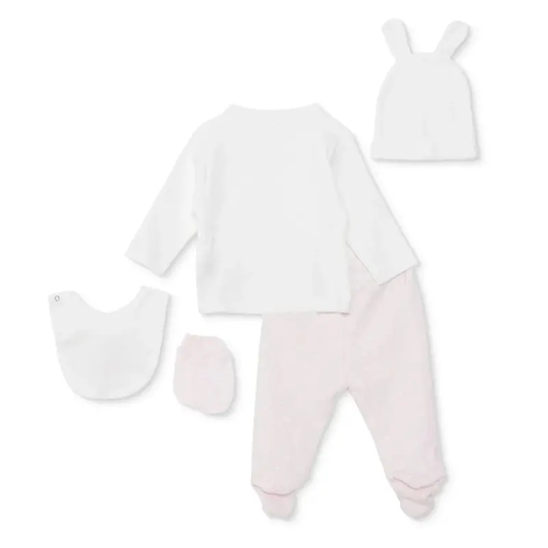 Baby Girl 5-Piece Newborn Hospital Set Animal Print Snap Fastening Envelope Neck Long Sleeve - Ecru 2