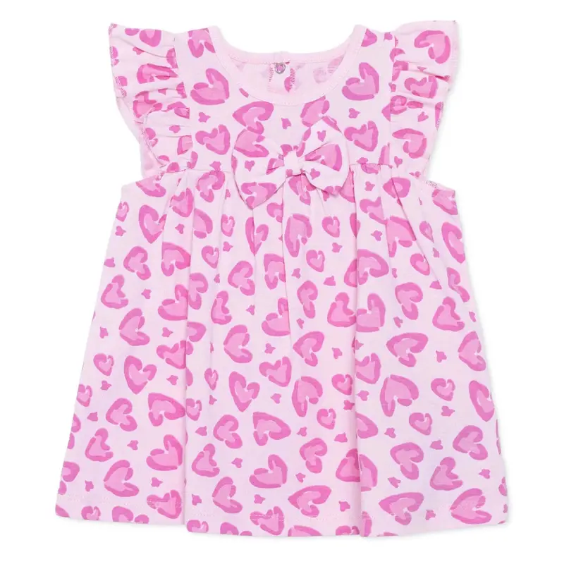 Baby Girl Dress Animal Print Snap Fastening Crew Neck Short Sleeve - Pink Printed 1