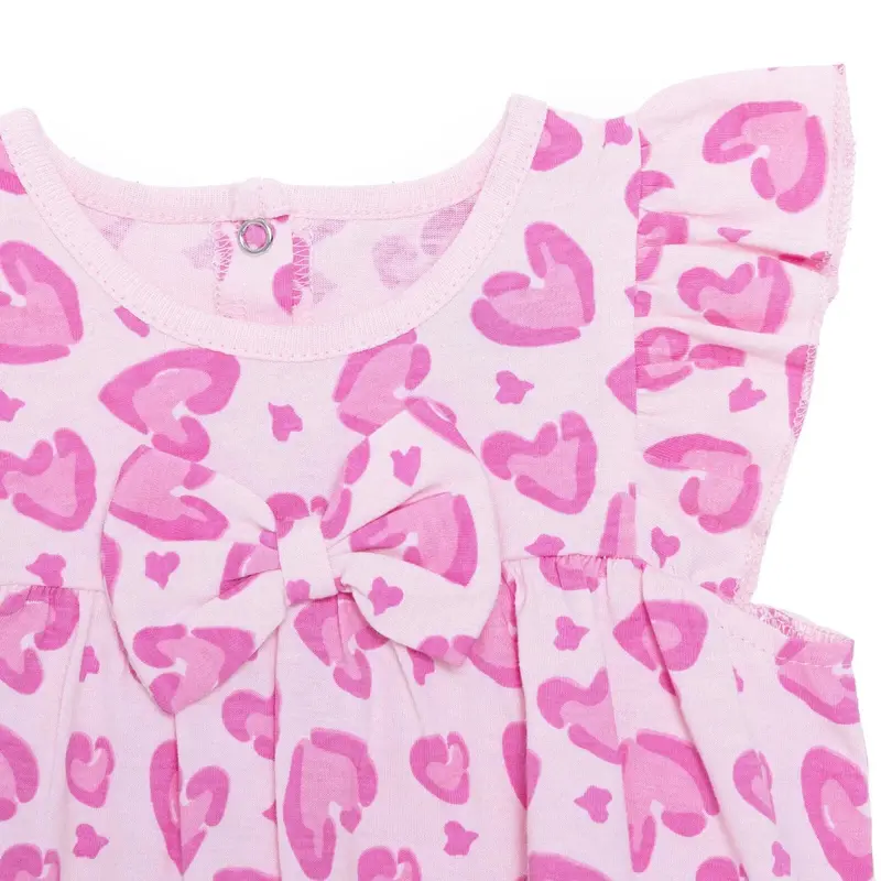 Baby Girl Dress Animal Print Snap Fastening Crew Neck Short Sleeve - Pink Printed 3