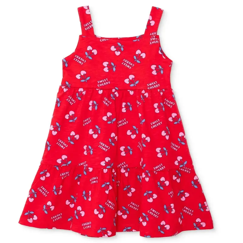 Baby Girl Dress Cherry Print Buttoned Decorative Collar Strappy - Red Printed 1