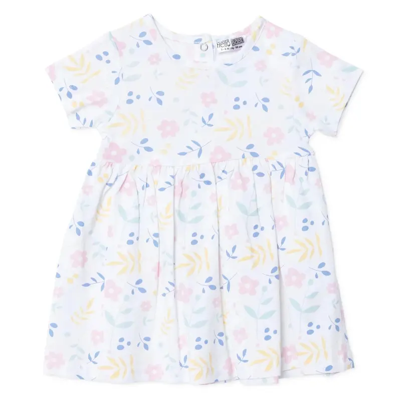 Baby Girl Dress Floral Print Snap Fastening Crew Neck Short Sleeve - Ecru Printed 1