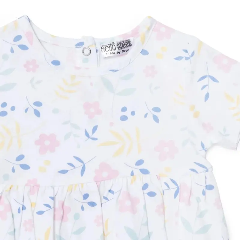 Baby Girl Dress Floral Print Snap Fastening Crew Neck Short Sleeve - Ecru Printed 3