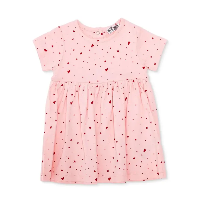 Baby Girl Dress Heart Print Snap Fastening Crew Neck - Pink 1