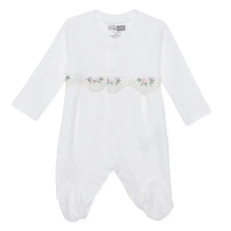 Baby Girl Footed Sleepsuit Floral Print Snap Fastening Crew Neck - White 1
