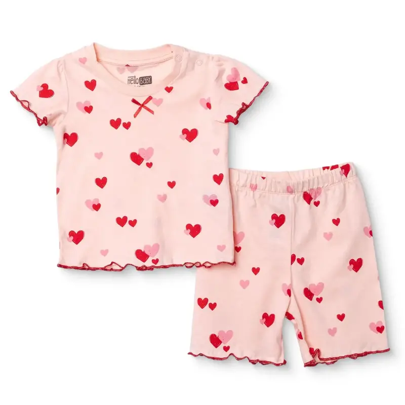 Baby Girl Short Sleeve Pyjamas Set Heart Print Snap Fastening Crew Neck - Pink 1
