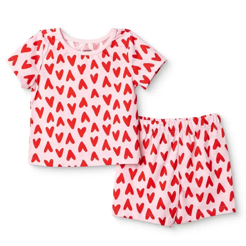 Baby Girl Short Sleeve Pyjamas Set Heart Print Snap Fastening Crew Neck Short Sleeve - Pink 1