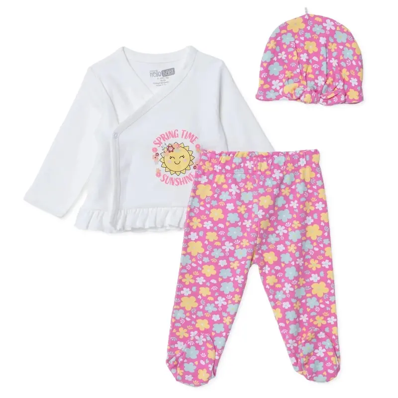 Baby Girl Vest Hat & Footed Bottom Set Floral Print Snap Fastening V- Neck Long Sleeve - Pink 1
