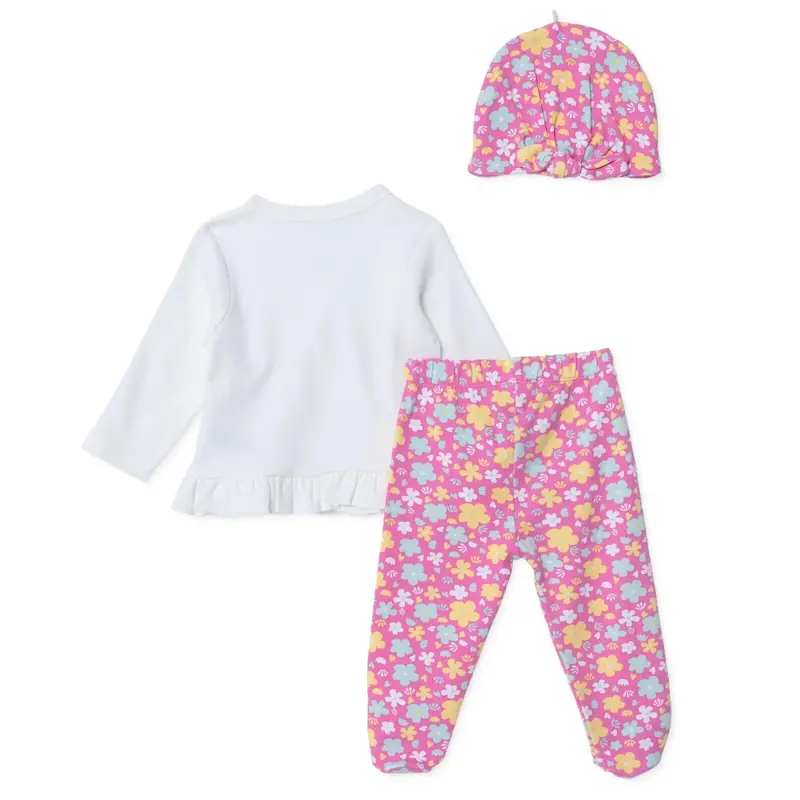 Baby Girl Vest Hat & Footed Bottom Set Floral Print Snap Fastening V- Neck Long Sleeve - Pink 2