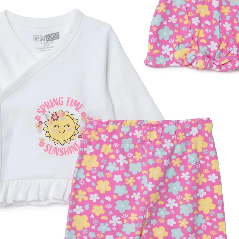 Baby Girl Vest Hat & Footed Bottom Set Floral Print Snap Fastening V- Neck Long Sleeve - Pink 3