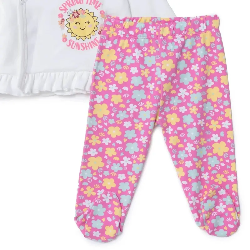 Baby Girl Vest Hat & Footed Bottom Set Floral Print Snap Fastening V- Neck Long Sleeve - Pink 4
