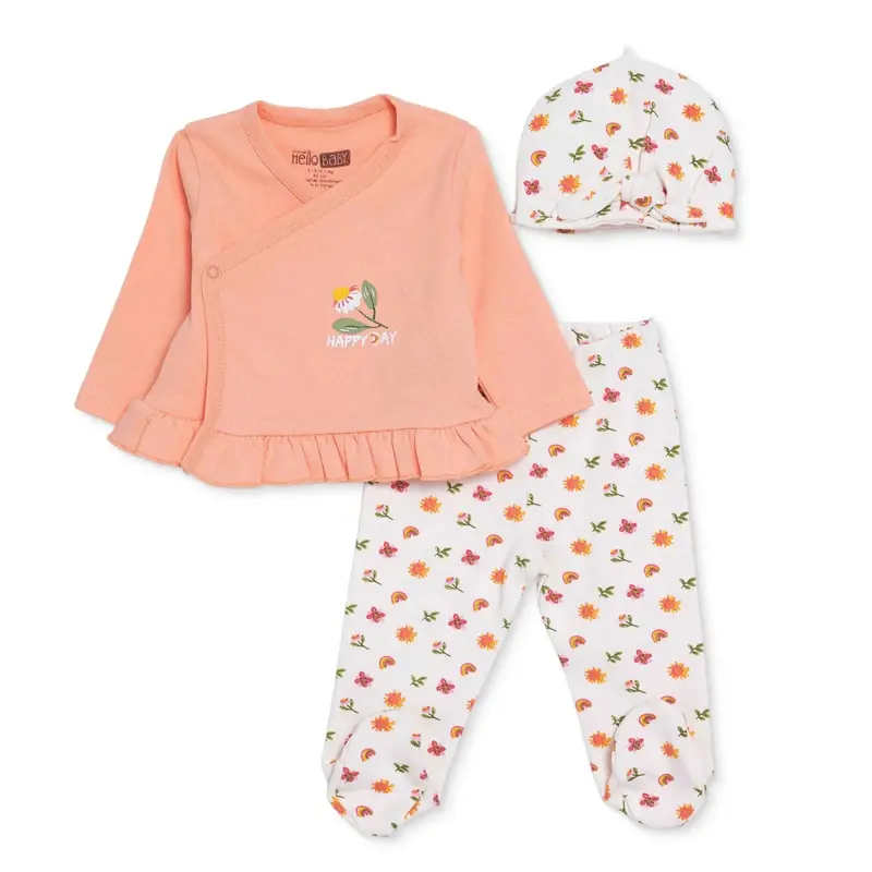 Baby Girl Vest Hat & Footed Bottom Set Heart Print Snap Fastening V-Neck Long Sleeve - Pink 1