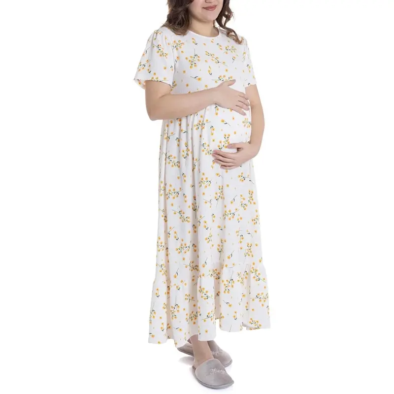 Baby Mom Mother Maternity Dress Daisy Print Crew Neck Full Length Short Sleeve - Ecru Printed 1