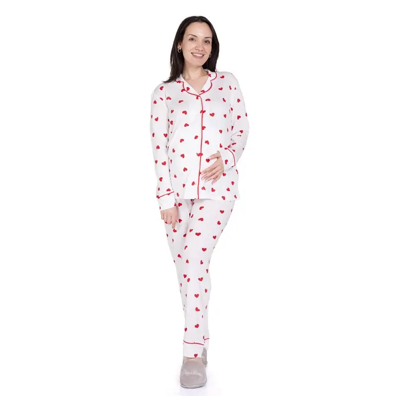 Baby Mom Mother Pyjama Set Heart Print Snap Fastening V-Neck Full Length Long Sleeve - White Printed 1