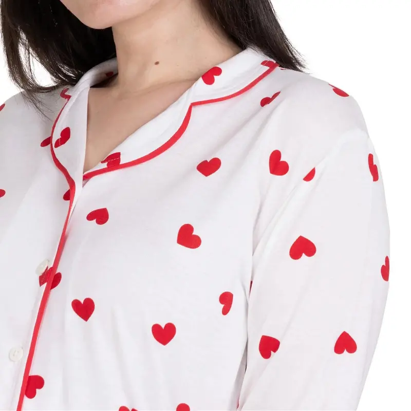 Baby Mom Mother Pyjama Set Heart Print Snap Fastening V-Neck Full Length Long Sleeve - White Printed 2