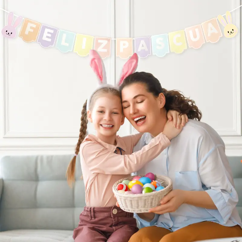 Banner Decorativo "Feliz Pascua" Con Conejitos 1