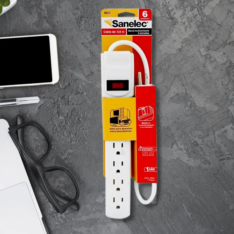Barra Multicontacto De 6 Entradas, Color Blanco, Sanelec 1
