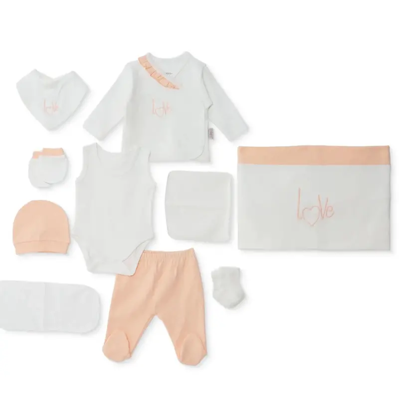 Bebbek Girls 10Pc Newborn Set Heart With Poppers V-Neck Long Leg Long Sleeve - Ecru 1