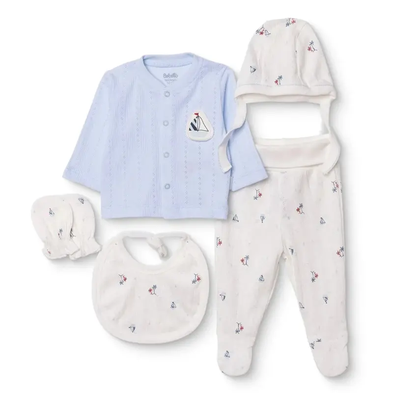Bebetto Boys 5-Piece Newborn Hospital Set Nautical Print Snap Fastening Palm In The Sea Crew Neck Fu - Blue 1