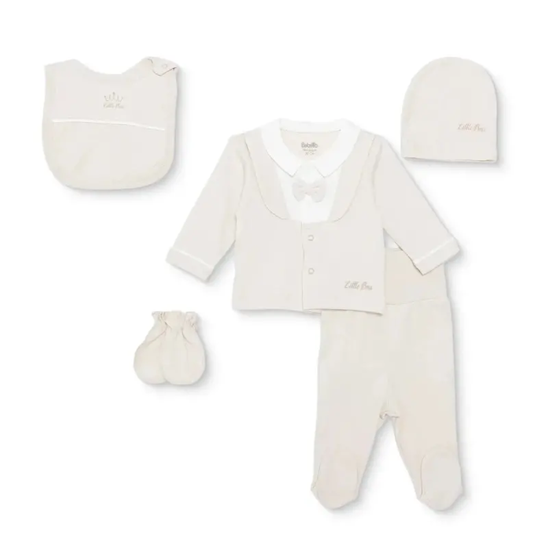 Bebetto Boys 5-Piece Newborn Hospital Set Snap Fastening Little Boss Shirt Collar Full Length Long S - Beige 1
