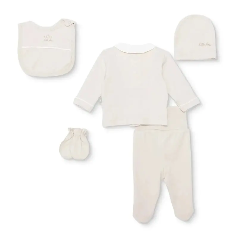 Bebetto Boys 5-Piece Newborn Hospital Set Snap Fastening Little Boss Shirt Collar Full Length Long S - Beige 2