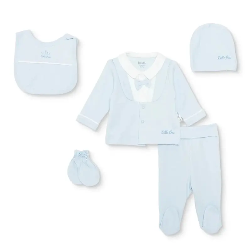 Bebetto Boys 5-Piece Newborn Hospital Set Snap Fastening Little Boss Shirt Collar Full Length Long S - Blue 1