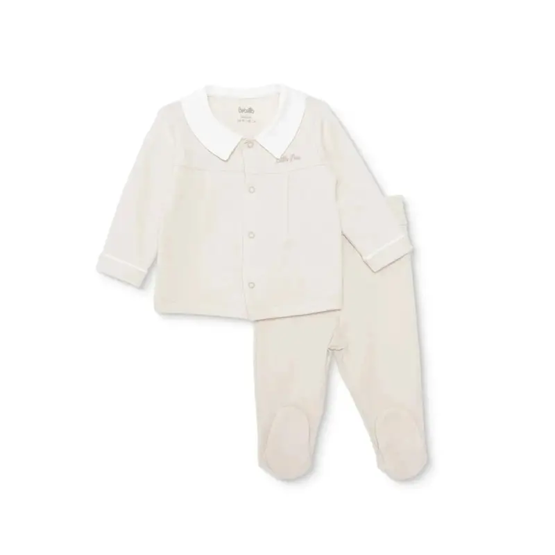 Bebetto Boys Cardigan & Footed Trousers Set Snap Fastening Little Boss Shirt Collar Full Length Long - Beige 1