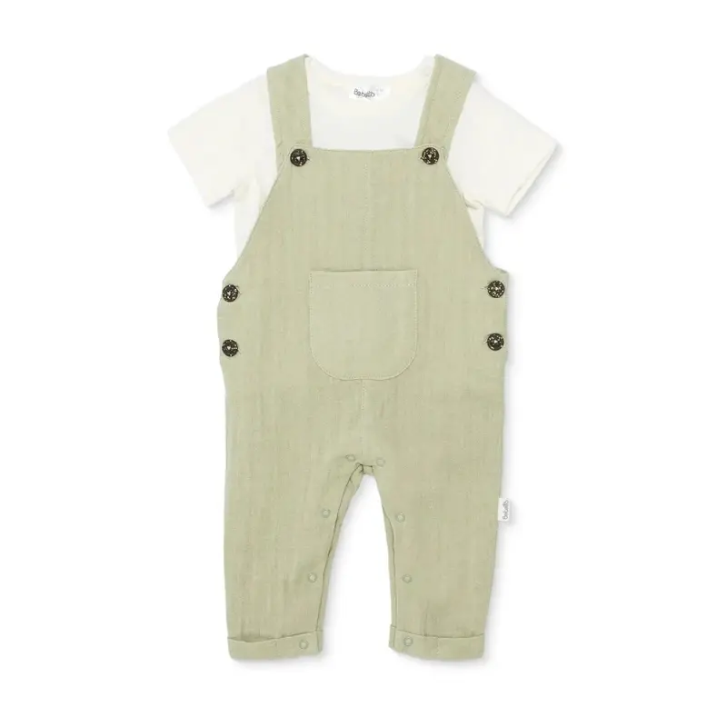 Bebetto Boys Dungarees & T-Shirt Buttoned Adventure Crew Neck Full Length Long Sleeve - Green 1
