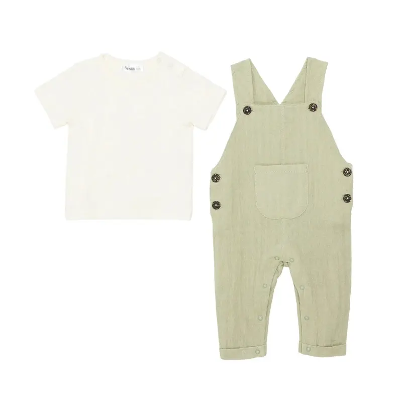 Bebetto Boys Dungarees & T-Shirt Buttoned Adventure Crew Neck Full Length Long Sleeve - Green 3