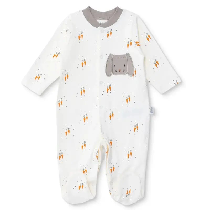 Bebetto Boys Footed Sleepsuit Animal Print Snap Fastening Baby Carrot Crew Neck Full Length Long Sle - Ecru 1